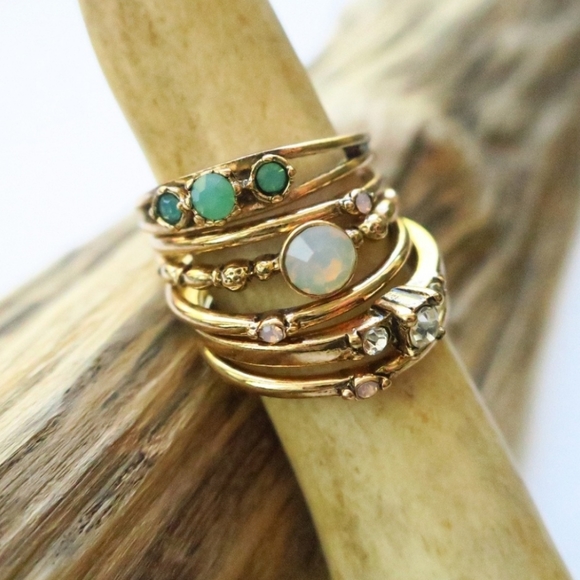 Opal Ring Stack 6pc 18k Gold Stackable Rings - Picture 6 of 10